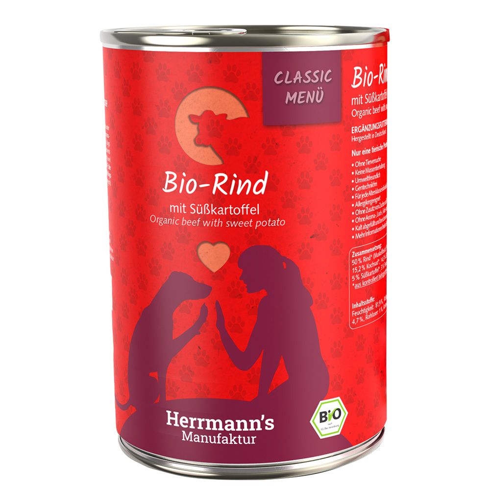 6x400g Herrmann's Classic Bio-Menü Bio-Ente mit Bio-Süßkartoffeln Hundefutter nass
