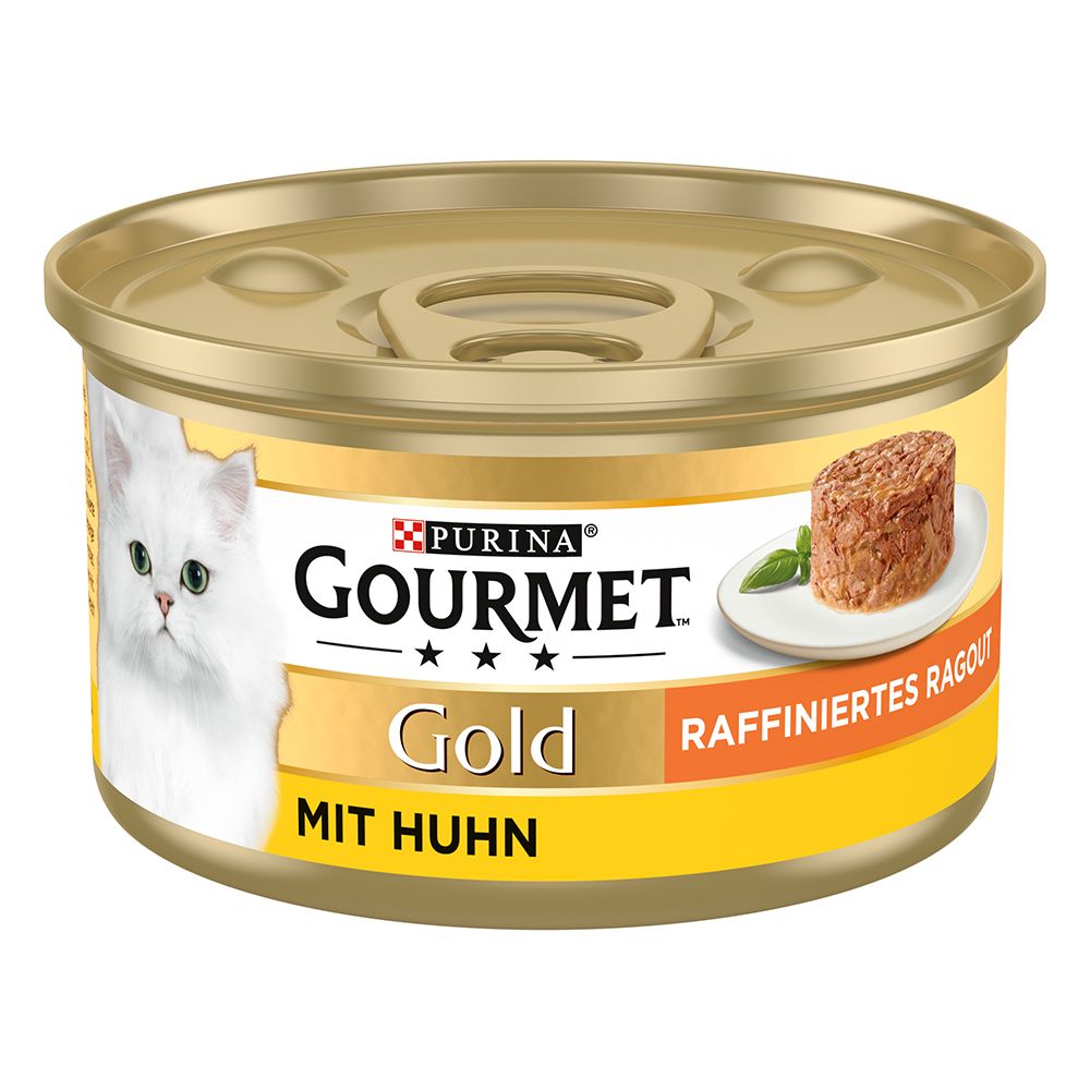 48 x 85g Gold Raffiniertes Ragout Huhn Gourmet Katzenfutter nass