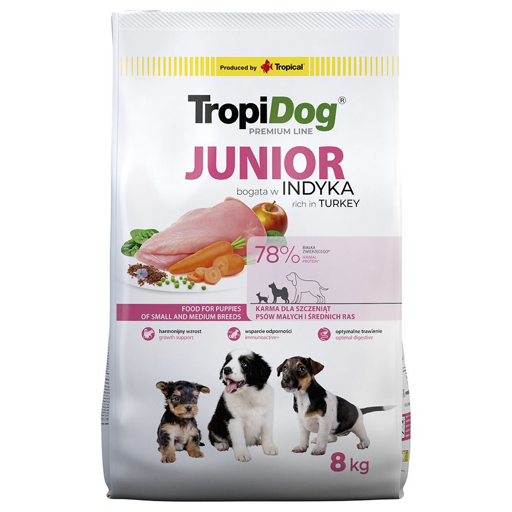 2x 8kg Premium Junior Small & Medium Truthahn & Reis Tropidog Hundefutter trocken