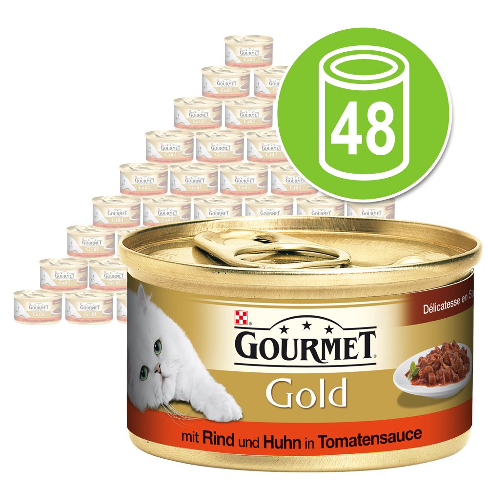 Mégapack Gourmet Gold Délicatesse en sauce 48 x 85 g pour chat - bœuf, poulet, sauce tomate
