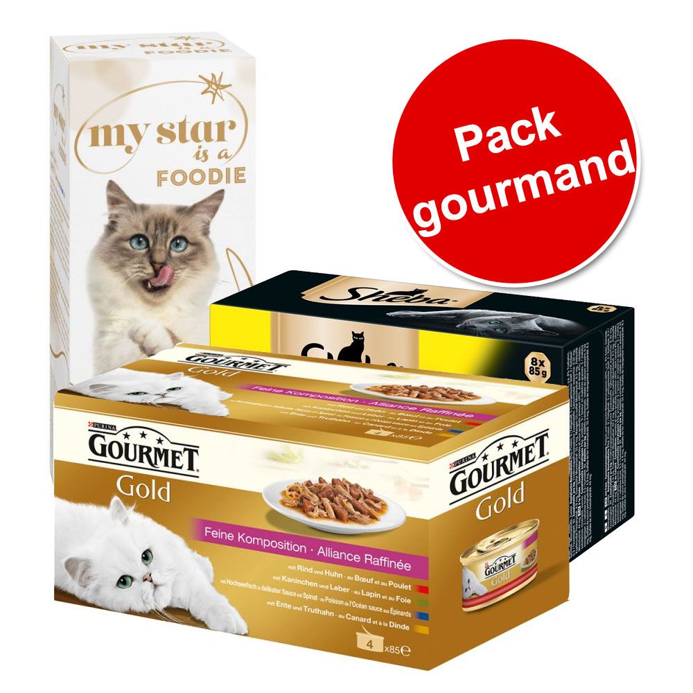 Pack gourmand : 4 x 85 g Gourmet Gold, 8 x 85 g Sheba Selection, 10 x 90 g My Star Foodie - pack gourmand Sheba, Gourmet, My Star