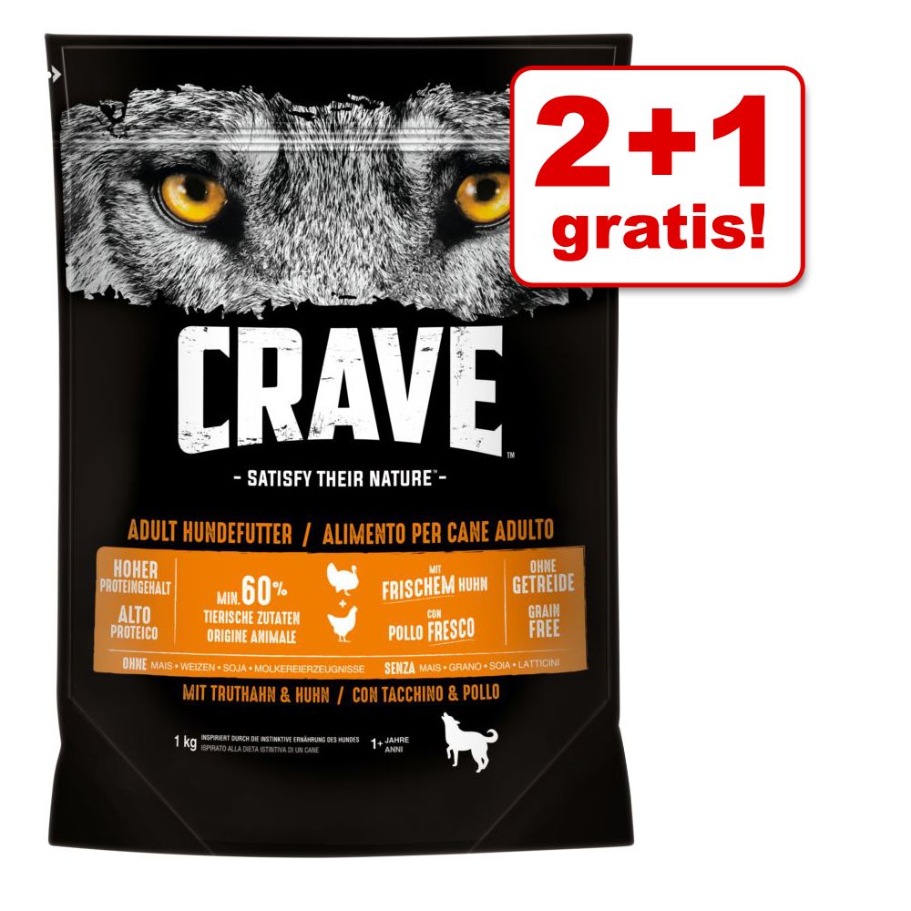 2 + 1 gratis! 3 x 1 kg Crave Hundetrockenfutter - Adult Lamm & Rind