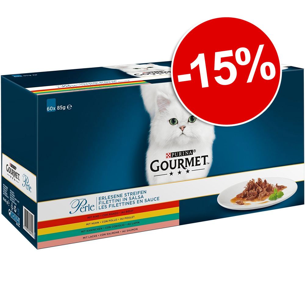 60x85g poulet, bœuf, saumon, lapin Les Filettines en sauce Gourmet Perle Mégapack : 15 % de remise !