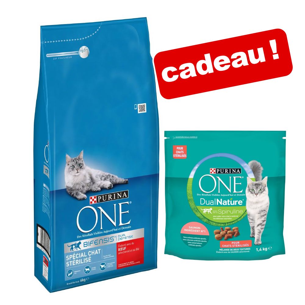 Croquettes PURINA ONE 6 kg + croquettes Dual Nature 1,4 kg offertes ! - Stérilisé bœuf, blé (6 kg) +