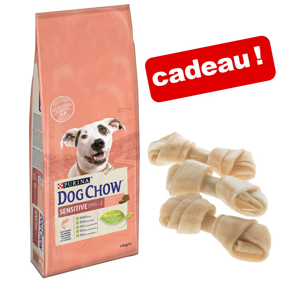 Croquettes PURINA Dog Chow 14 kg + friandises Barkoo Os à mâcher 12 x 7 cm ! - Adult Sensitive, saum