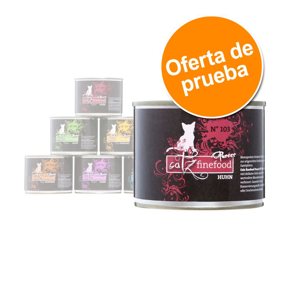 Image of Catz Finefood Purrrr en latas 6 x 200 / 190 g - Pack de prueba - Pollo, salmón, canguro, oveja, cordero y cerdo 04260101769985