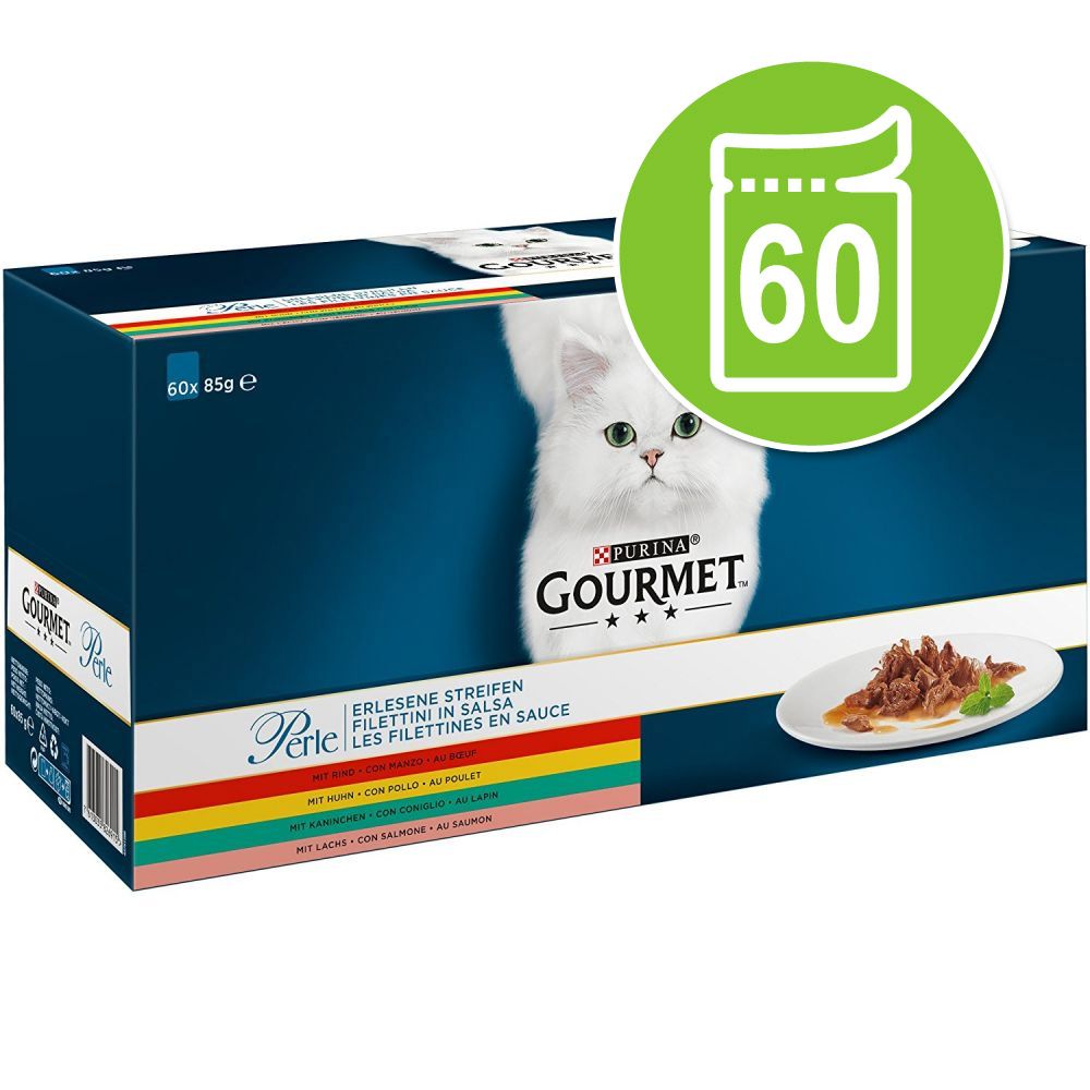 Image of Gourmet Perle Finas Láminas 60 x 85 g multipack mixto en sobres para gatos - Pollo, buey, salmón y conejo 07613035826915