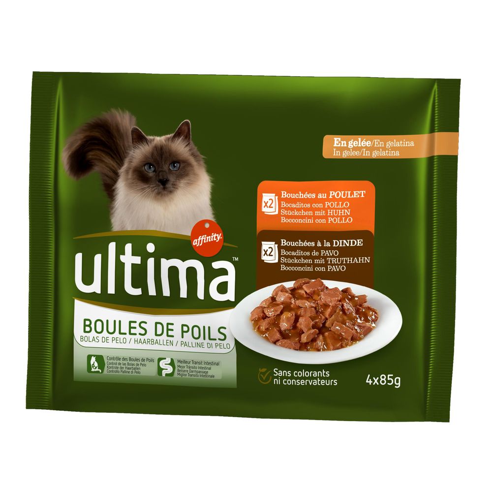 Image of Ultima Bolas de Pelo comida húmeda para gatos - 24 x 85 g - Pack Ahorro 03700260220206