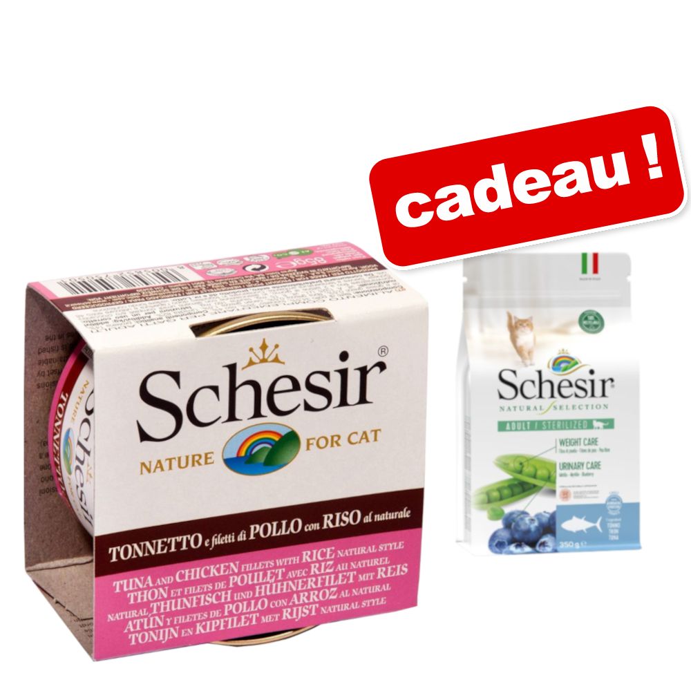 Schesir Natural, riz 6 x 85 g + Croquettes Natural Selection 350 g offertes ! - thon & petits anchois au riz