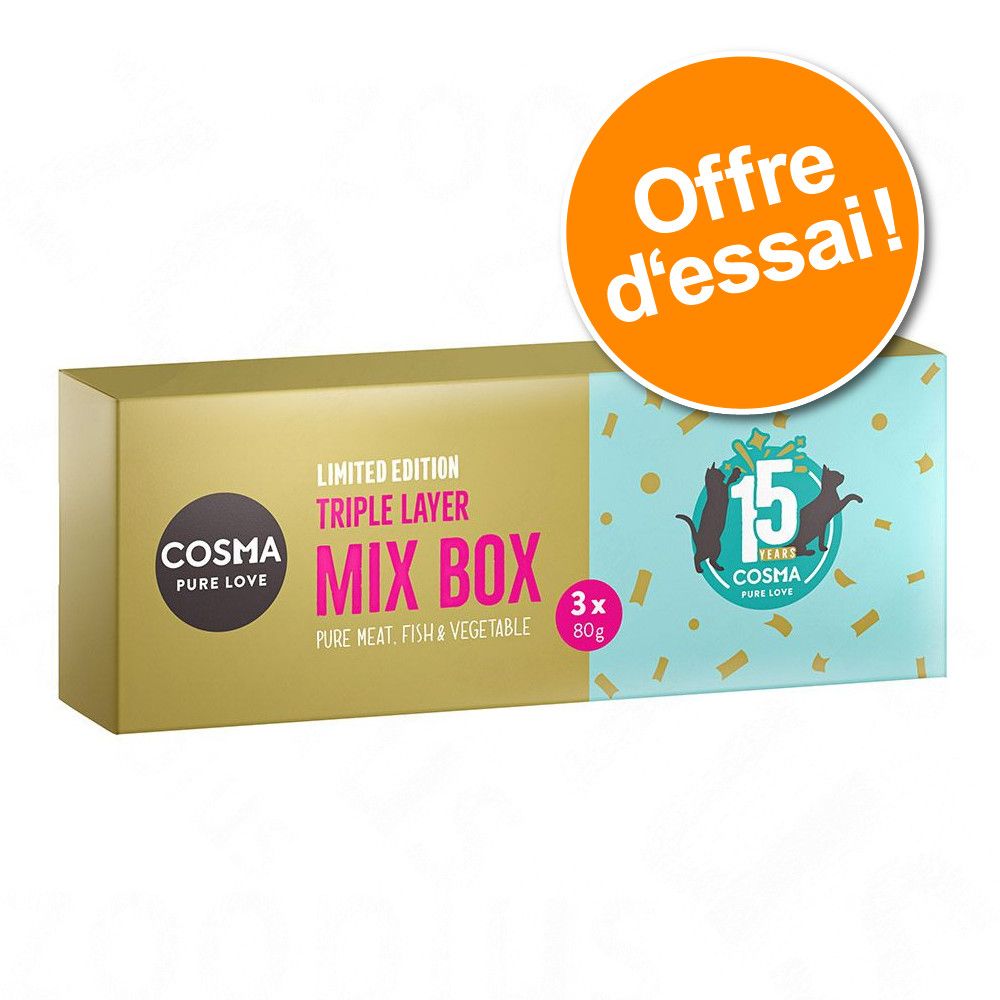 Offre découverte : Cosma Layer Cake Édition anniversaire 3 x 80 g pour chat - lot mixte (3 variétés)