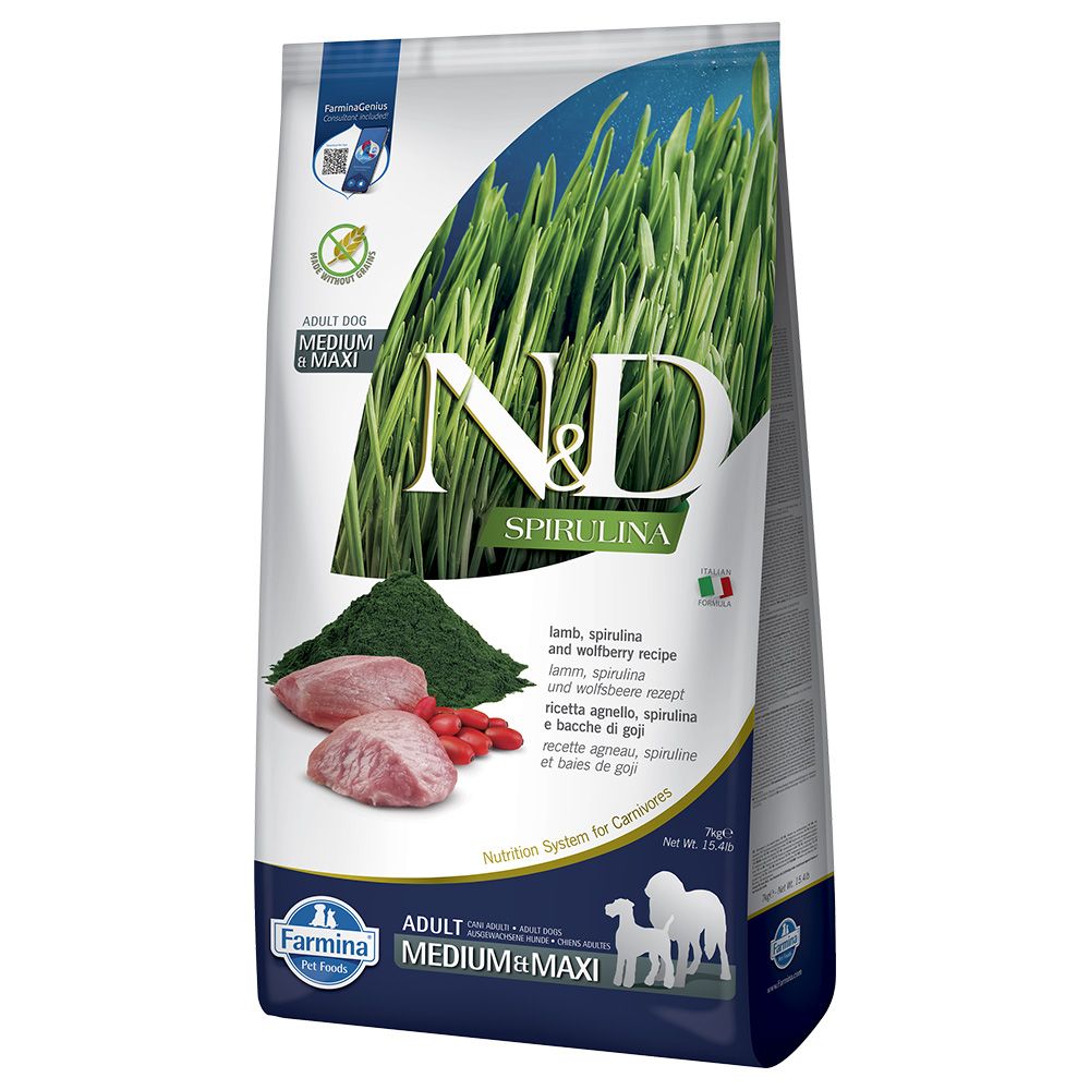 2x 7kg N&D Dog Spirulina Adult Medium/Maxi mit Lamm Hundefutter trocken