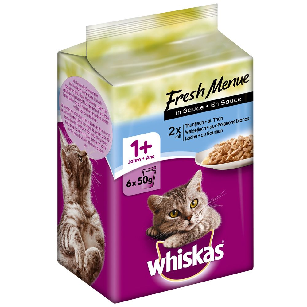 Whiskas Fresh Menu, z warzywami, 6 x 50 g  Biała ryba, tuńczyk i łosoś w sosie