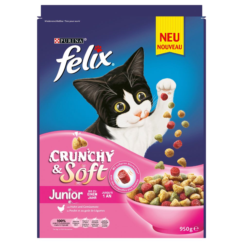 Image of Felix Crunchy & Soft Junior con pollo y verduras - 3 x 950 g - Pack Ahorro 07613035825840
