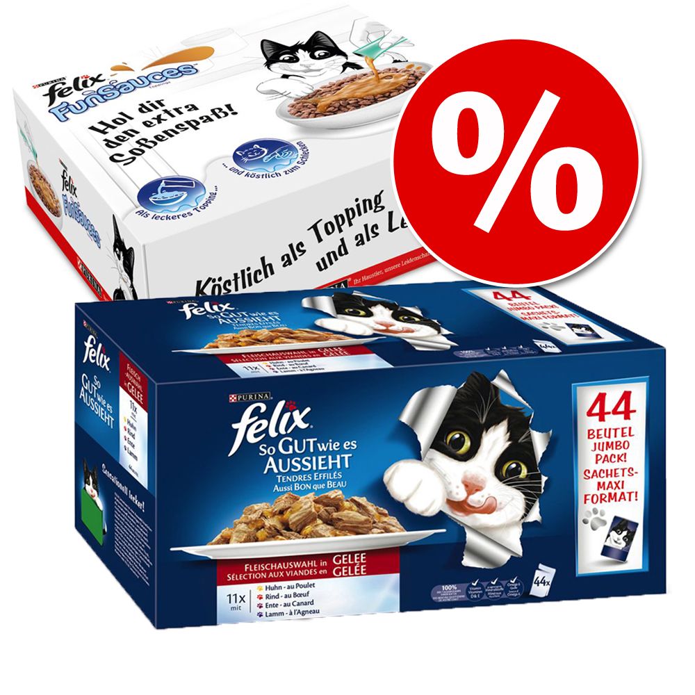 Image of Felix Fantastic 44 x 100 g + FunSauces 30 x 15 g - Megapack mixto - Festín de carne y pescado 07613035283619